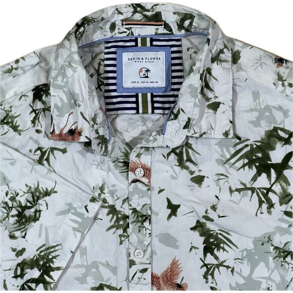 Denim & Flower Ricky Singh Green White Botanical Print Short Sleeve Men Shirt XL - Picture 1 of 11